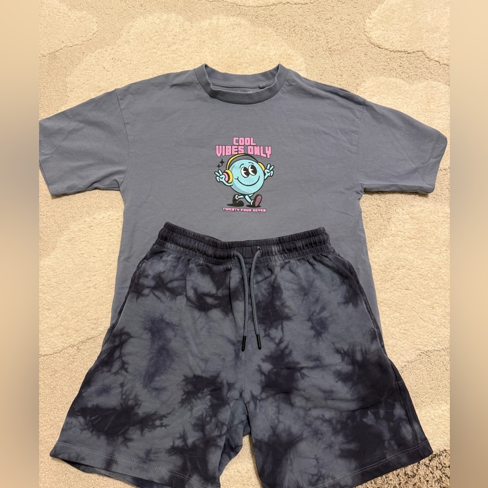 Next Gray Kids Matching Set with Graphic Tee and Tie-Dye Shorts